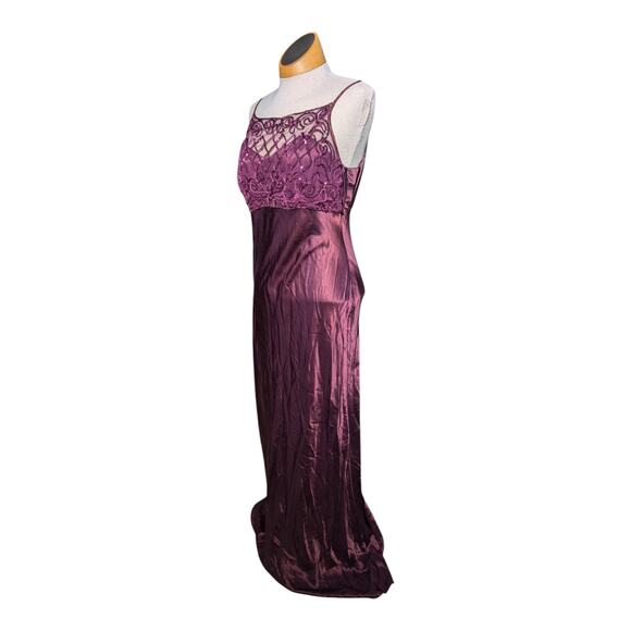 Vintage Dresses & Skirts - Vtg 1990s Steppin' Out Plum Purple Satin Sequin Embellished Mesh Maxi Gown 13 14